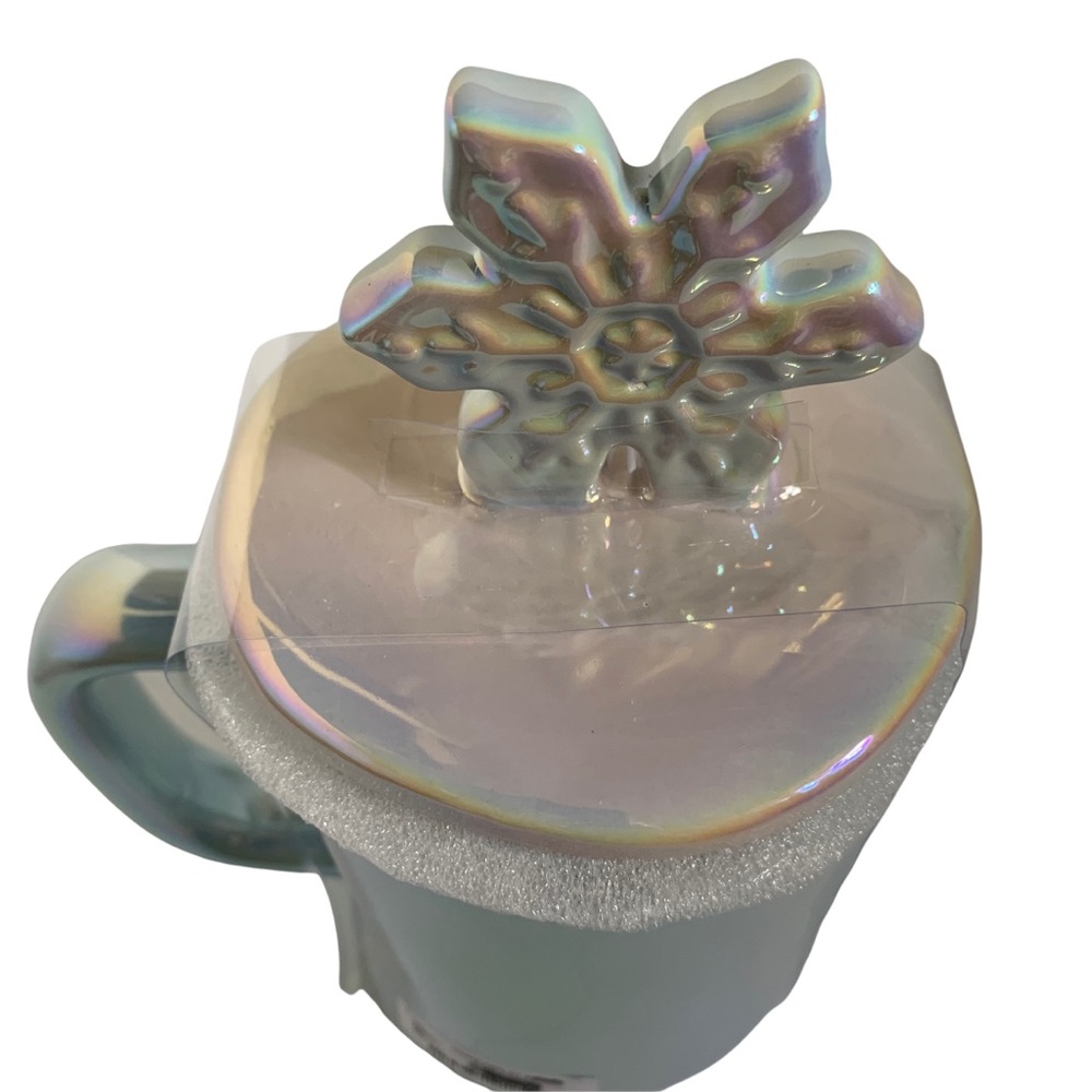 ‼️SOLD‼️ RAE DUNN “BABY IT’S COLD OUTSIDE” Mug Iridescent Blue Snowflake Topper - Picture 7 of 10
